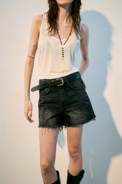 

Шорты джинсовые рваные с высокой посадкой, Черный, Шорты джинсовые рваные с высокой посадкой