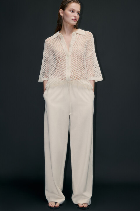 

Брюки широкие с поясом на завязках, Бежевый, Брюки широкие с поясом на завязках