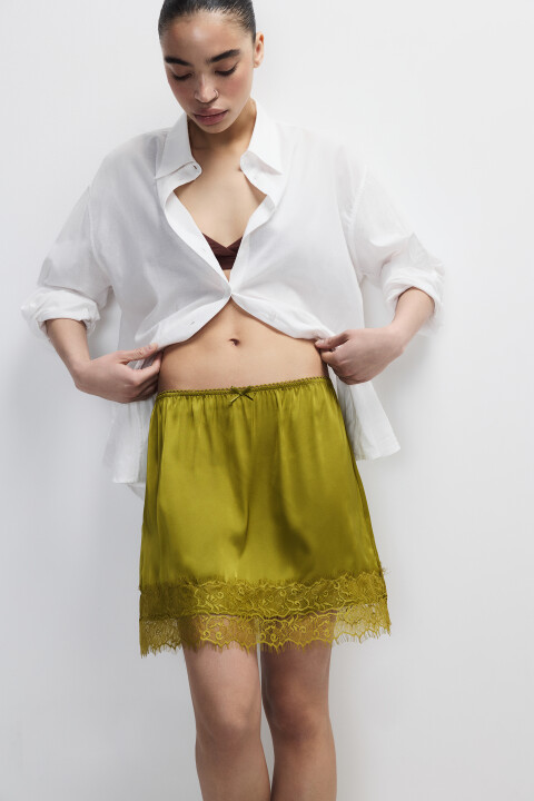 

Юбка мини атласная с кружевом, Зеленый, Юбка мини атласная с кружевом
