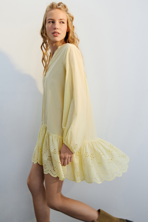 

Платье-рубашка мини с ажурной юбкой, Желтый, Платье-рубашка мини с ажурной юбкой