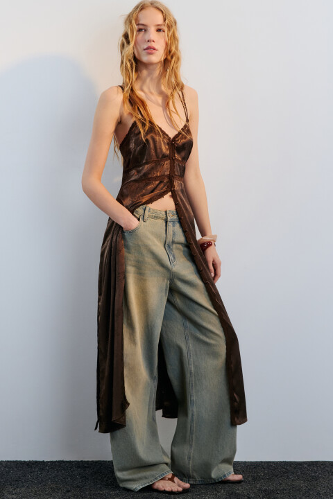 

Платье-комбинация атласное с кружевом и принтом, Коричневый, Платье-комбинация атласное с кружевом и принтом