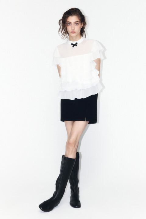 

Блузка шифоновая с воланами и бантиком, Молочный, Блузка шифоновая с воланами и бантиком