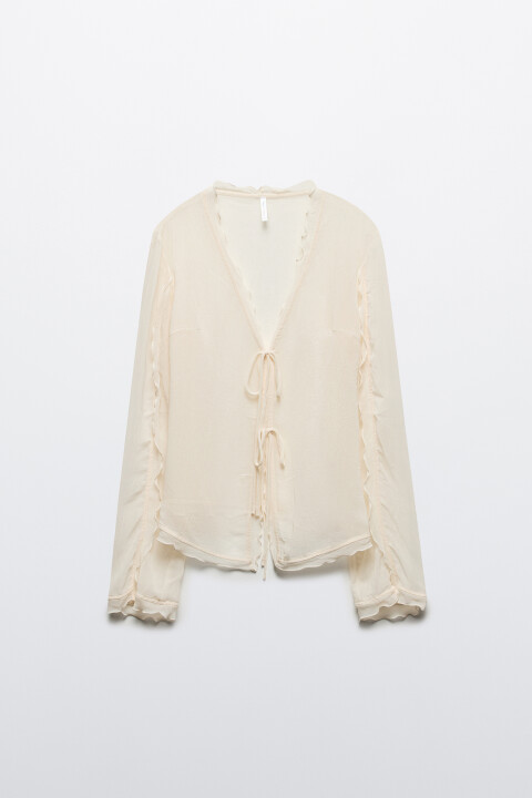 

Блузка на завязках из жатого шифона, Молочный, Блузка на завязках из жатого шифона