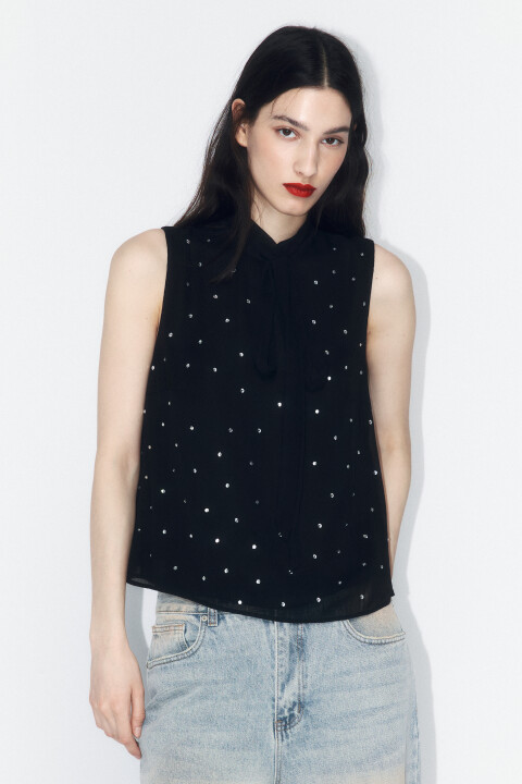 

Блузка шифоновая с галстуком и стразами, Черный, Блузка шифоновая с галстуком и стразами