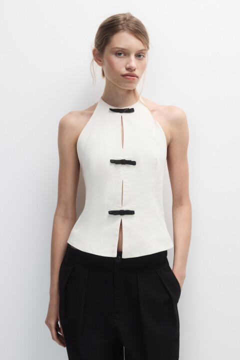 

Топ с завязками на шее и бантиками, Молочный, Топ с завязками на шее и бантиками