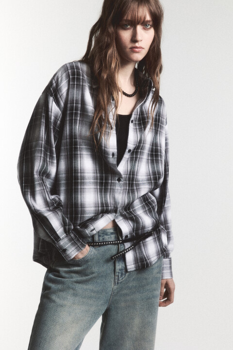 

Рубашка oversize в клетку с вшитым топом, Черный, Рубашка oversize в клетку с вшитым топом