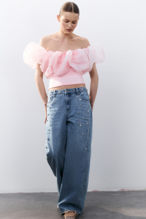 

Топ трикотажный с пышным лифом из органзы, Розовый, Топ трикотажный с пышным лифом из органзы