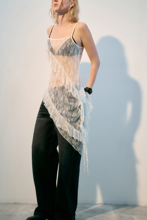 

Блузка кружевная асимметричная с воланами, Белый, Блузка кружевная асимметричная с воланами