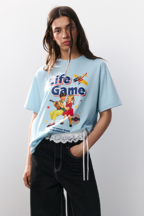 

Футболка oversize с принтом, Голубой, Футболка oversize с принтом