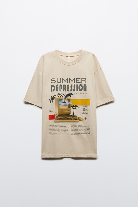 

Футболка oversize с принтом, Бежевый, Футболка oversize с принтом