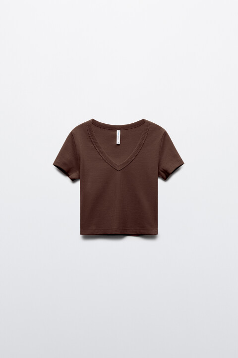

Футболка-топ в рубчик с V-вырезом, Коричневый, Футболка-топ в рубчик с V-вырезом