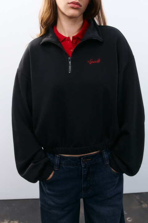 

Толстовка half zip с вышивкой, Черный, Толстовка half zip с вышивкой