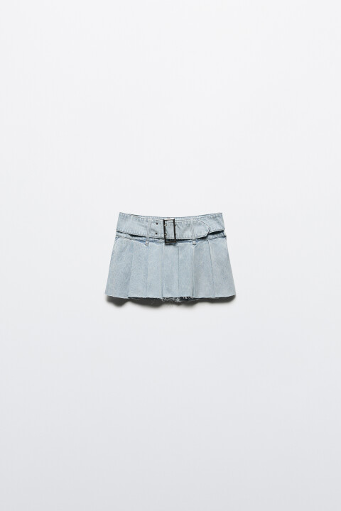 

Юбка мини джинсовая в складку с ремнем, Голубой, Юбка мини джинсовая в складку с ремнем