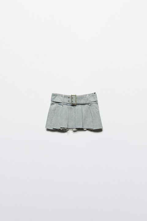 

Юбка мини джинсовая в складку с ремнем, Синий, Юбка мини джинсовая в складку с ремнем