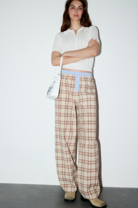 

Брюки в клетку с бельевым поясом, Бежевый, Брюки в клетку с бельевым поясом