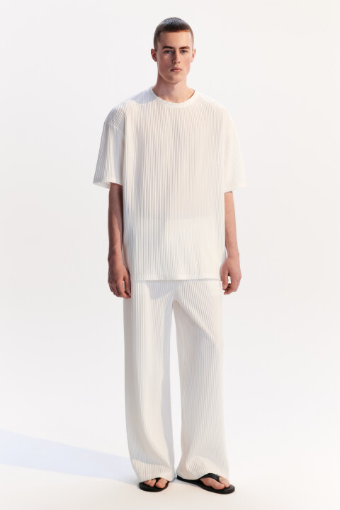 

Брюки широкие из ткани в рубчик, Белый, Брюки широкие из ткани в рубчик