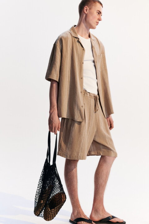 

Шорты льняные с поясом на завязках, Бежевый, Шорты льняные с поясом на завязках