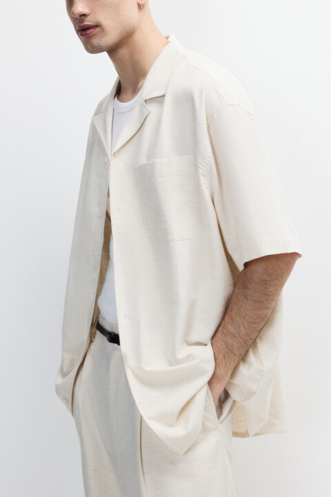 

Рубашка льняная с коротким рукавом, Молочный, Рубашка льняная с коротким рукавом