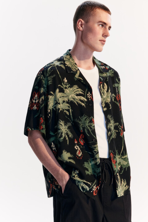 

Рубашка oversize вискозная с принтом, Черный, Рубашка oversize вискозная с принтом