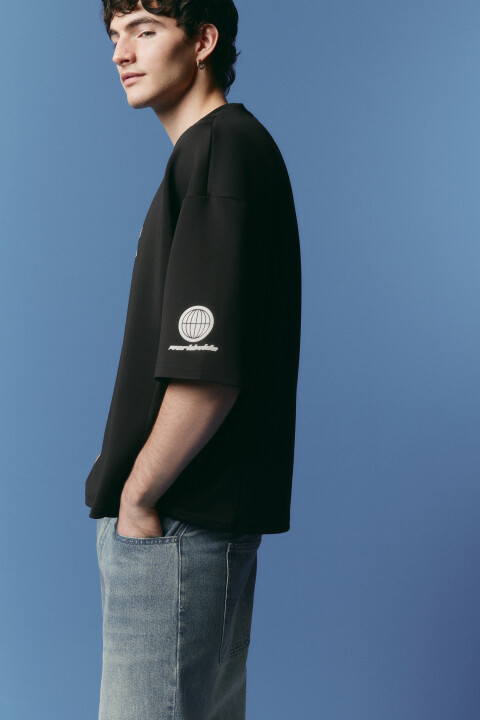 

Футболка-джерси oversize с надписью, Черный, Футболка-джерси oversize с надписью