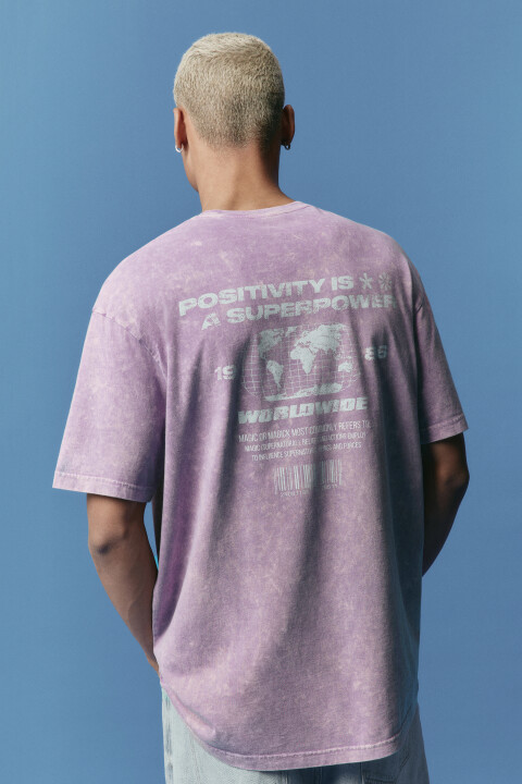 

Футболка хлопковая с вареным эффектом и надписью, Фиолетовый, Футболка хлопковая с вареным эффектом и надписью