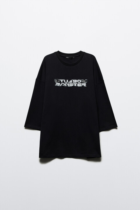 

Футболка oversize хлопковая с принтом, Черный, Футболка oversize хлопковая с принтом