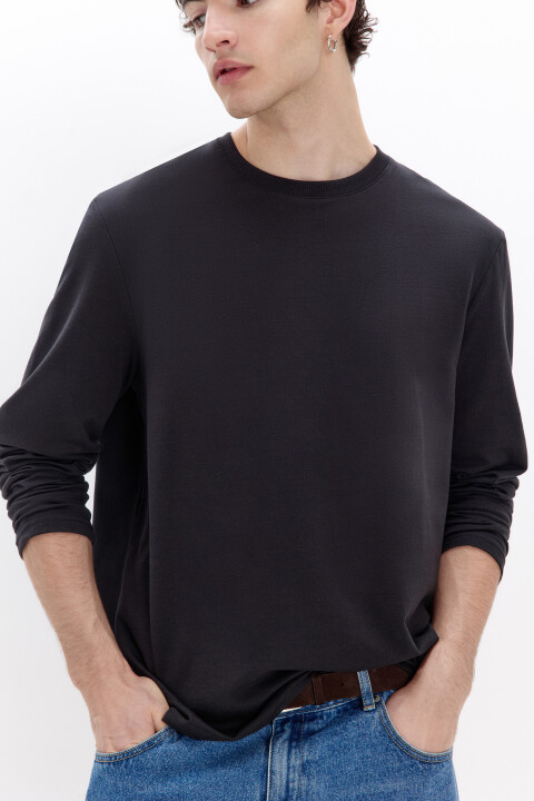 

Лонгслив базовый из хлопкового футера, Черный, Лонгслив базовый из хлопкового футера