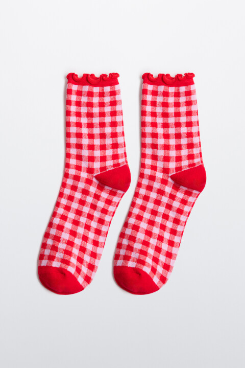 

Носки высокие в клетку с оборками, Розовый, носки высокие в клетку с оборками