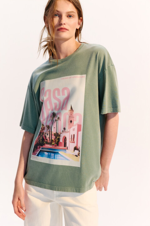 

Футболка хлопковая с летним принтом, Бежевый, Футболка хлопковая с летним принтом