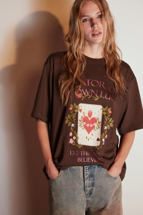 

Футболка хлопковая с принтом, Коричневый, Футболка хлопковая с принтом