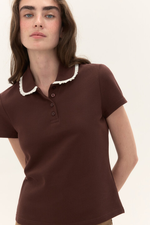 

Футболка-поло с ажурным воротником, Коричневый, Футболка-поло с ажурным воротником