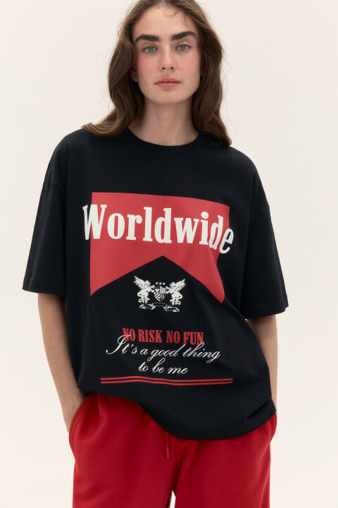 

Футболка oversize с принтом, Черный, Футболка oversize с принтом