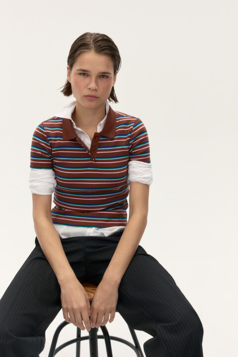 

Футболка-поло в полоску, Коричневый, Футболка-поло в полоску