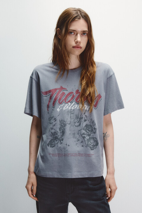 

Футболка со стиркой и принтом, Бежевый, Футболка со стиркой и принтом