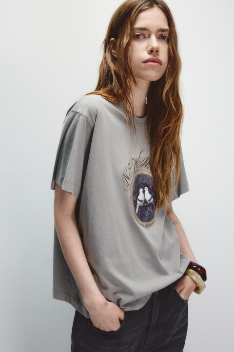 

Футболка со стиркой и принтом, Бежевый, Футболка со стиркой и принтом