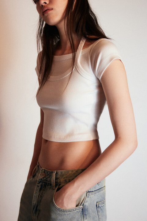 

Футболка в рубчик двуслойная, Белый, Футболка в рубчик двуслойная