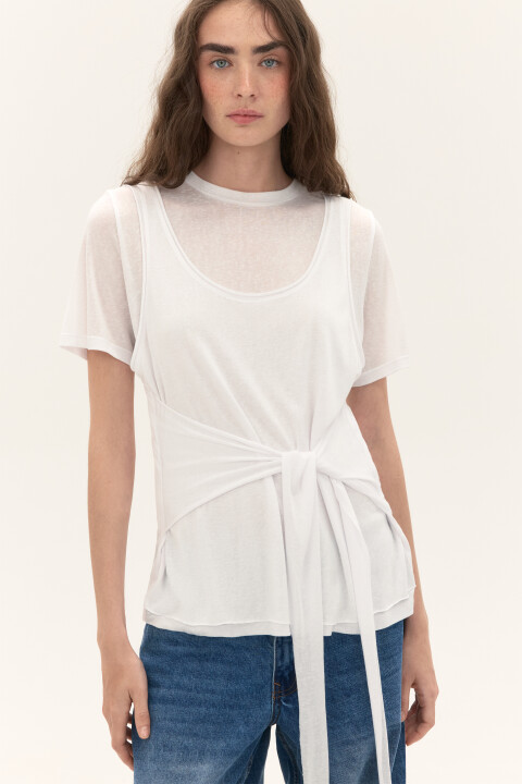 

Футболка с имитацией майки и завязками, Молочный, Футболка с имитацией майки и завязками