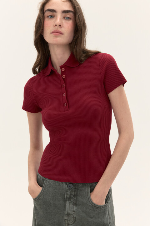 

Футболка-поло в рубчик, Бордовый, Футболка-поло в рубчик