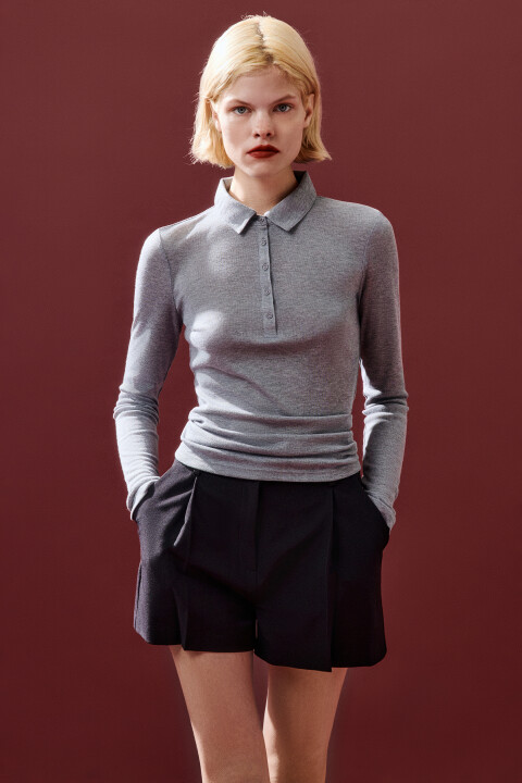 

Лонгслив-поло из тонкого трикотажа, Серый, Лонгслив-поло из тонкого трикотажа