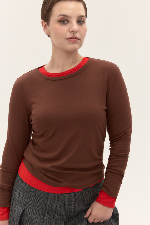 

Лонгслив приталенный из вискозы, Коричневый, Лонгслив приталенный из вискозы