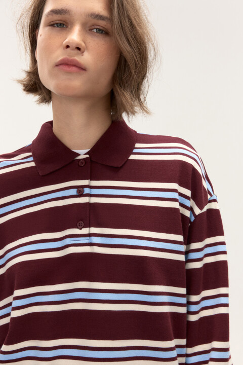 

Джемпер-поло хлопковый в полоску, Коричневый, Джемпер-поло хлопковый в полоску