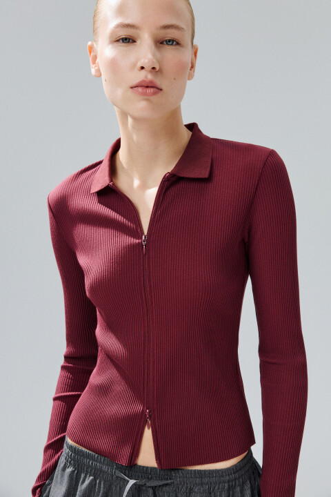 

Лонгслив облегающий на молнии, Бордовый, Лонгслив облегающий на молнии