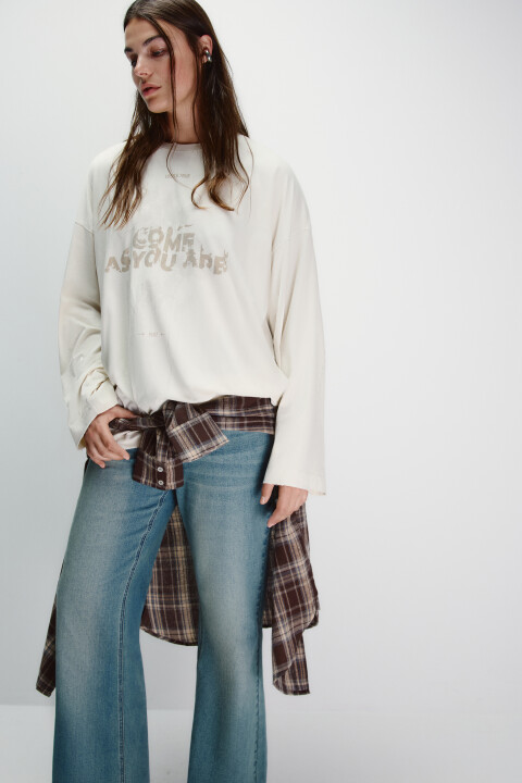 

Лонгслив со стиркой и принтом, Бежевый, Лонгслив со стиркой и принтом