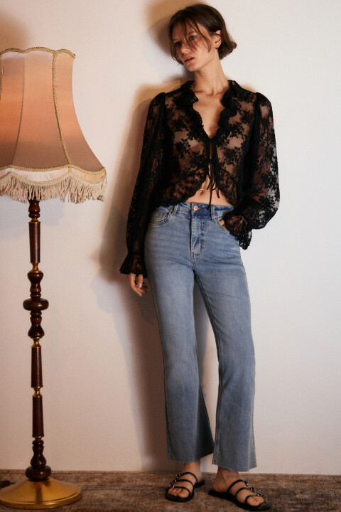 

Джинсы клеш укороченные с сырыми срезами, Синий, Джинсы клеш укороченные с сырыми срезами