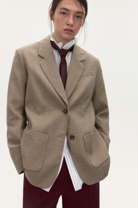 

Пиджак в клетку с накладными карманами, Бежевый, Пиджак в клетку с накладными карманами