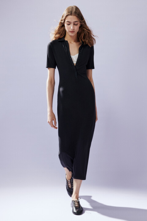 

Платье-поло макси в рубчик, Черный, Платье-поло макси в рубчик