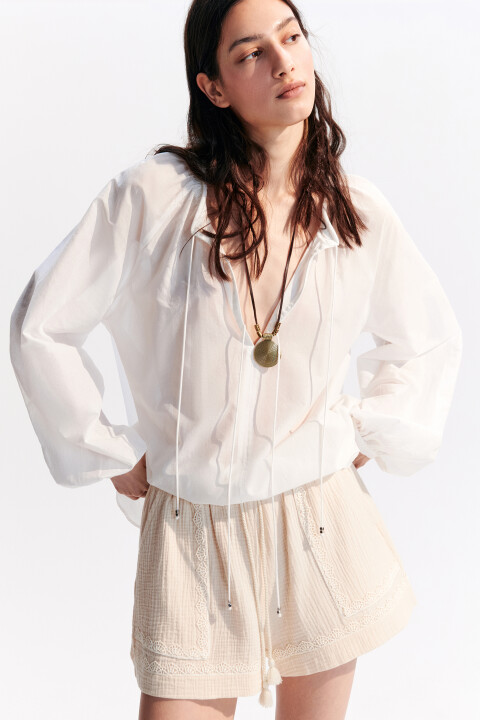 

Блузка хлопковая с завязками на груди, Белый, Блузка хлопковая с завязками на груди