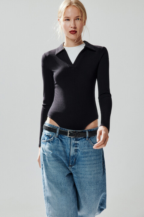 

Боди-лонгслив с отложным воротником, Черный, Боди-лонгслив с отложным воротником