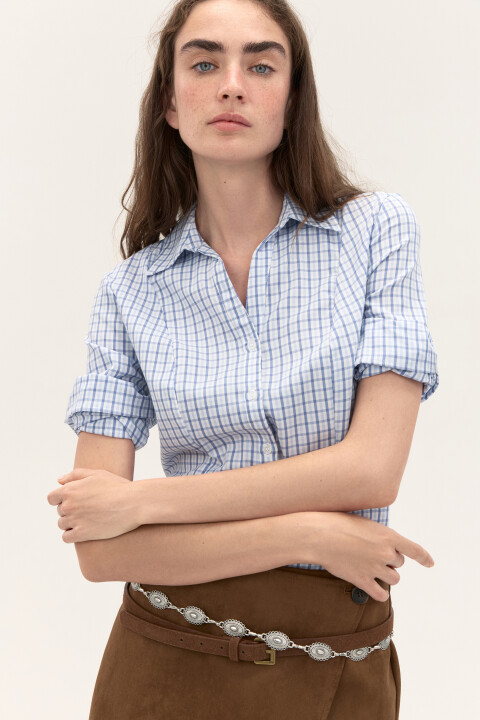 

Блузка приталенная с рукавами клеш, Голубой, Блузка приталенная с рукавами клеш