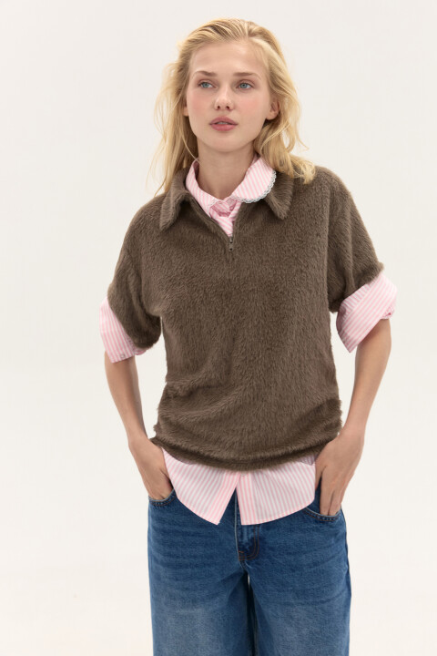 

Джемпер-поло из пушистой ткани, Коричневый, Джемпер-поло из пушистой ткани